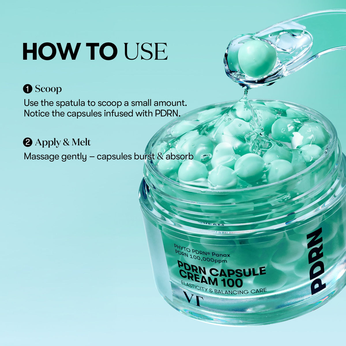 VT Cosmetics PDRN Capsule Cream 100 1.69 fl oz (50 ml) — illustrated capsule cream application directions