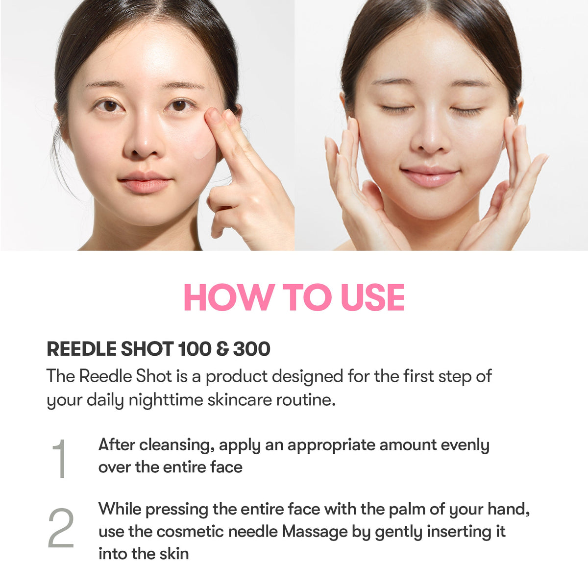 VT Cosmetics Collagen Reedle Shot 100 1.69 fl oz (50 ml) — illustrated Reedle Shot application directions