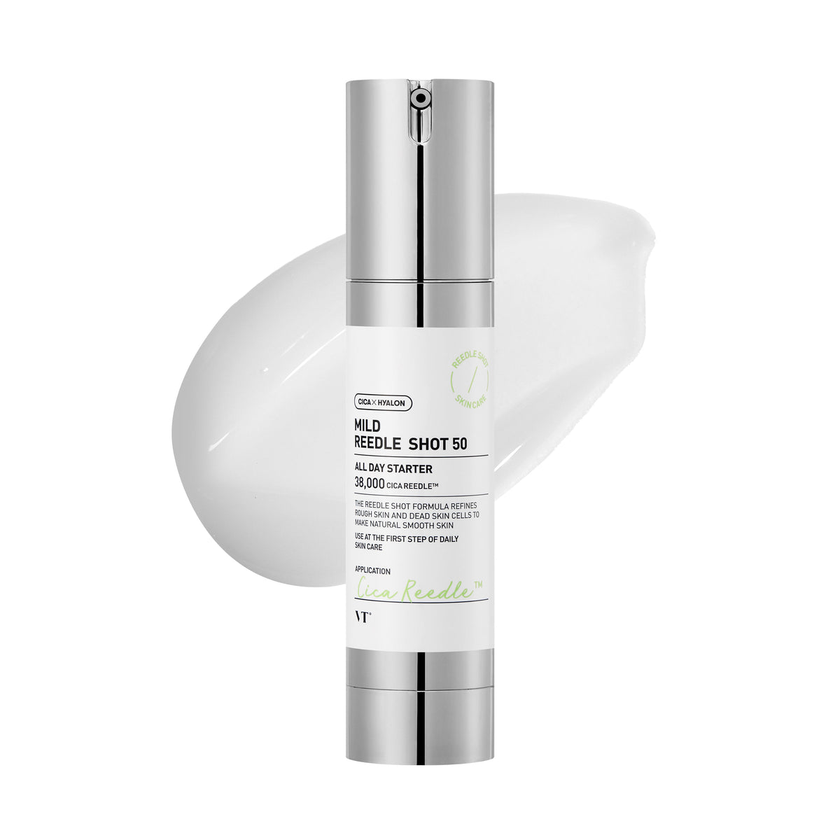 VT Cosmetics Mild Reedle Shot 50 50 ml airless pump bottle with swatch