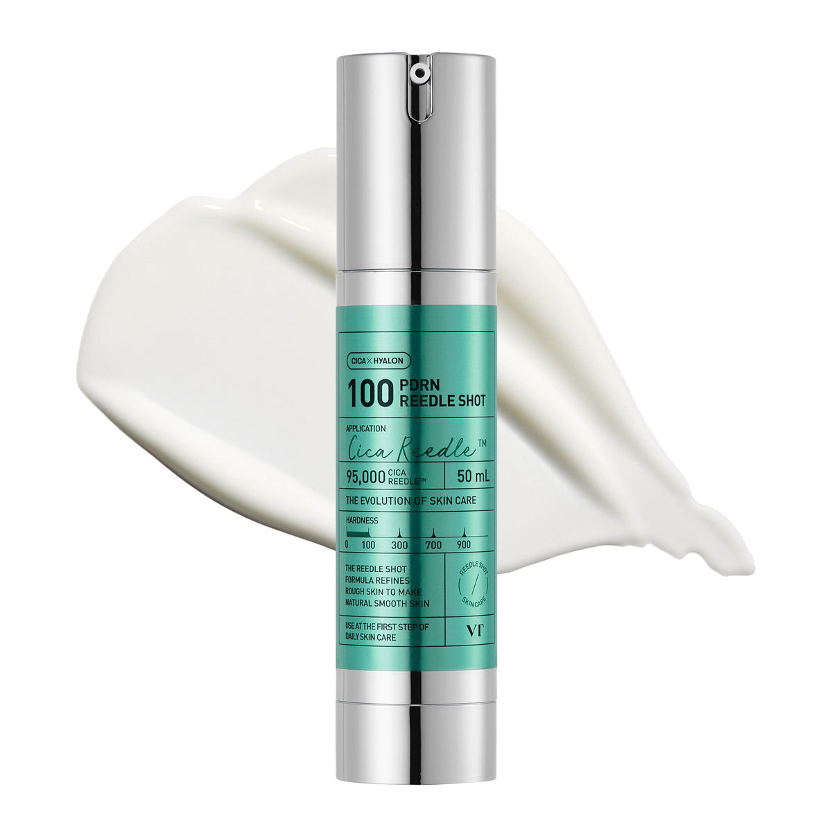 VT Cosmetics PDRN Reedle Shot 100 1.69 fl oz (50 ml) — green treatment bottle with cream swatch