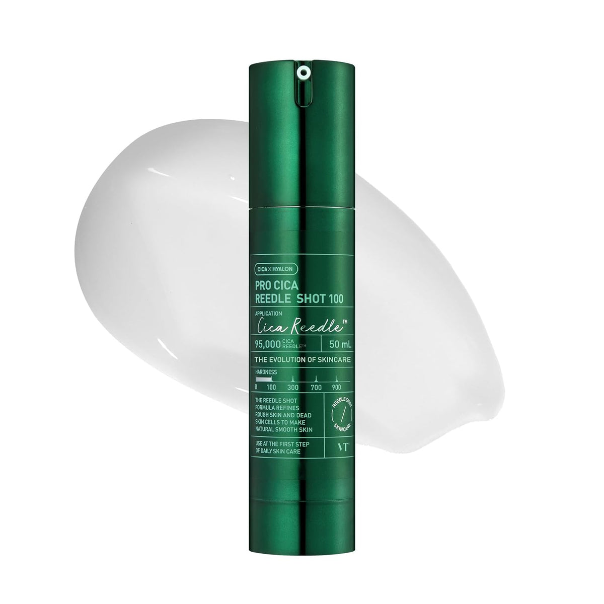 VT Cosmetics Pro Cica Reedle Shot 100 50 ml dark green airless pump bottle with swatch