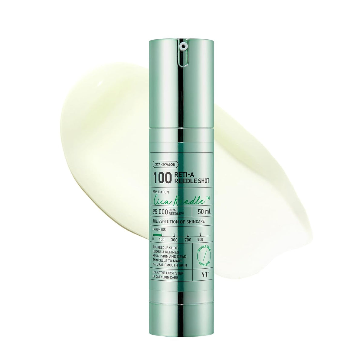 VT Cosmetics Reti-A Reedle Shot 100 50 ml airless pump bottle with cream swatch