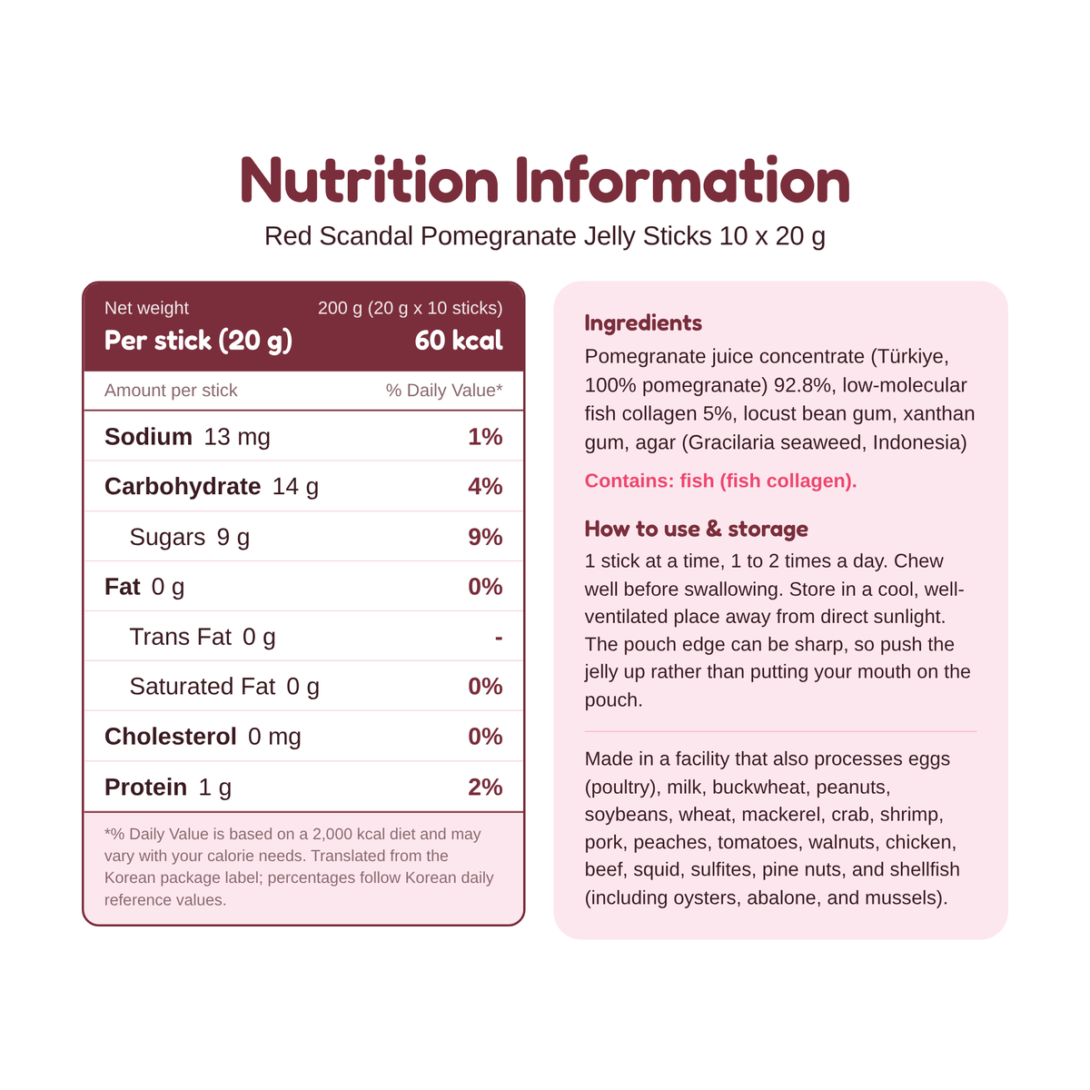 Wellural Red Scandal Pomegranate Jelly Sticks 10 x 20 g nutrition information and ingredients, per 20 g stick