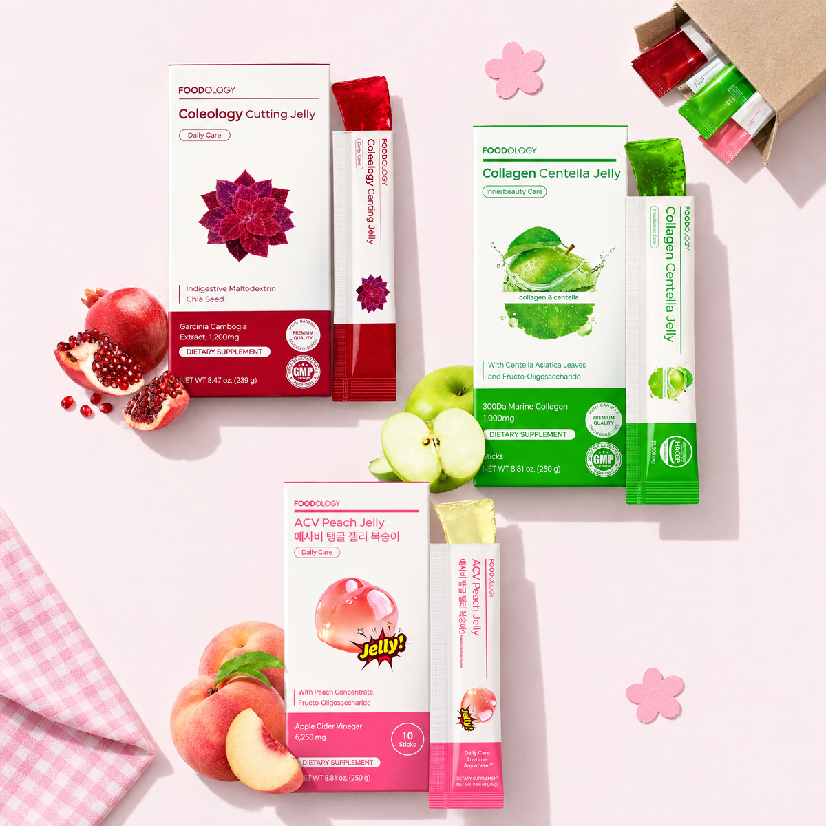 Jelly Trio Box: FOODOLOGY Cutting Jelly, Collagen Centella Jelly and ACV Peach Jelly