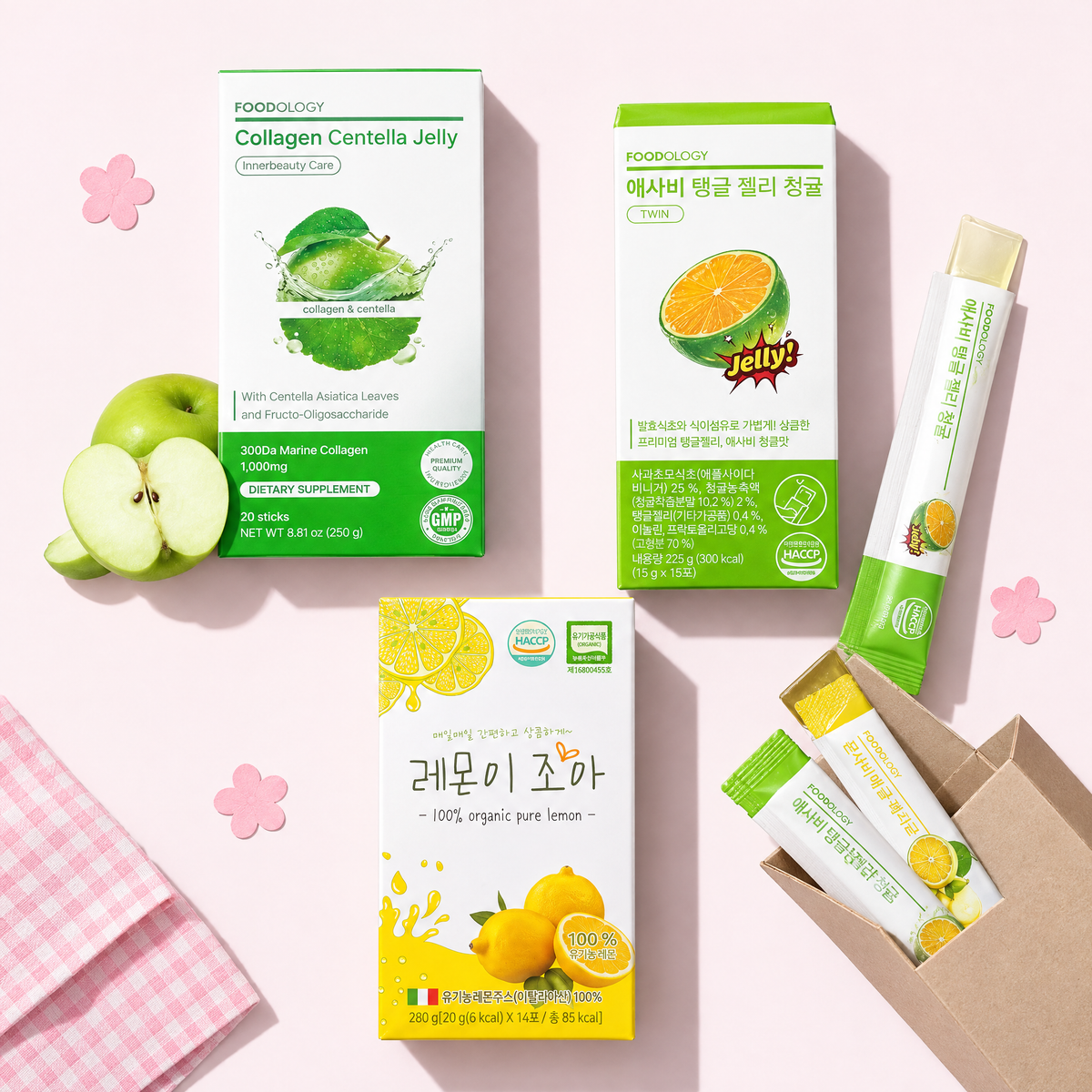 Inner Beauty Box: FOODOLOGY Collagen Centella Jelly, ACV Green Tangerine Jelly and Lemoni Joa organic lemon juice